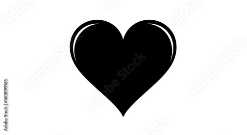 Sleek black heart with a glossy finish. A simple and elegant graphic symbol of love or sorrow isolated on a white background.