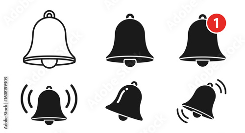 Collection of Notification Bell Icons Simple, Modern, and Alerting Symbols for Digital Interfaces