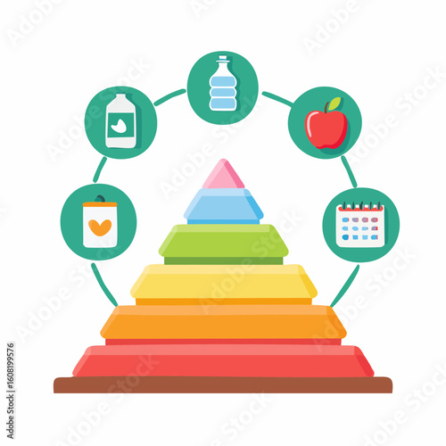 A colorful pyramid representing balanced nutrition, surrounded by icons of healthy food, water, and a calendar, illustrating dietary planning and healthy lifestyle choices.