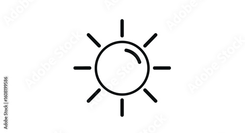 Minimalist sun icon vector. Black outline symbol representing light, brightness, clarity, and sunny weather.
