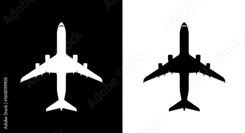 Airplane silhouette icon set in black and white. Top view of a passenger jet for travel and transportation concepts.