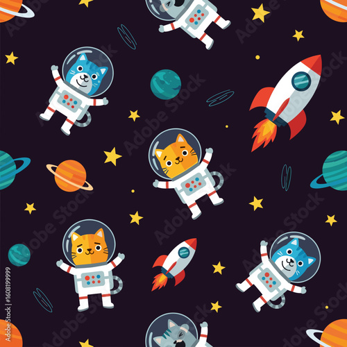 Cute cats in space suits, rockets and planets - seamless pattern for kids' textile, wallpaper, or wrapping paper.