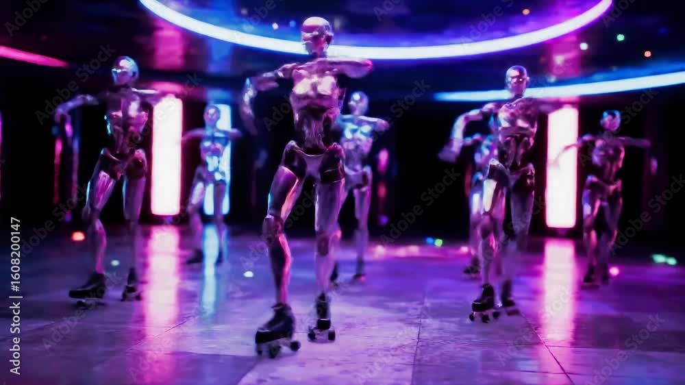 Futuristic Disco Robots Dancing on Roller Skates Under Neon Lights, showcasing their graceful moves