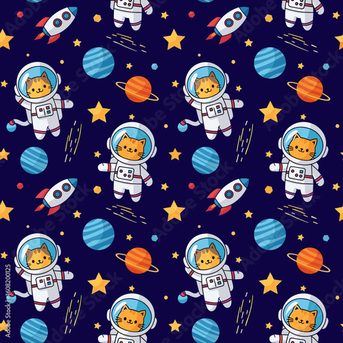 Cute cats in space suits seamless pattern for kids' clothes, textiles, and websites.