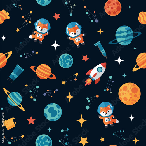 Cute fox astronauts in space: seamless pattern for kids' fabric, wallpaper, or website design.