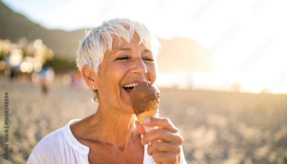 Senior woman enjoying ice cream on beach Senior woman enjoying ice cream on beach