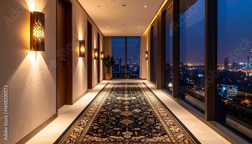 Luxury hotel corridor with city views
