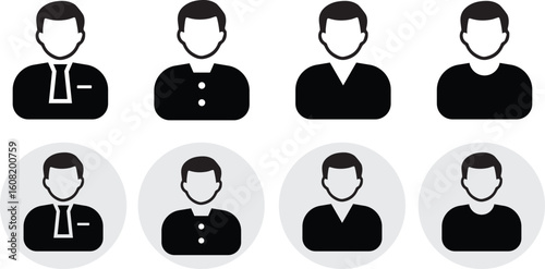 A clean set of male avatar icons in black silhouette style, including both square and circle background variations.