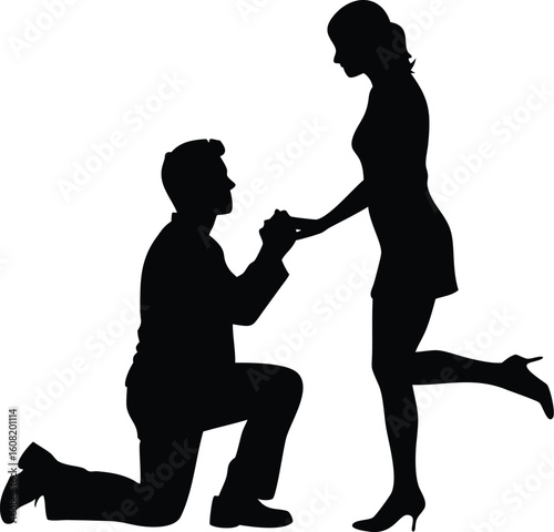 Romantic Silhouette of Man Proposing to Woman Holding Hands, Engagement Love Scene Vector