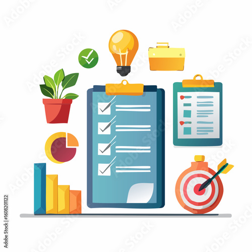 Efficient project planning illustrated with checklists, charts, and a timer, symbolizing goal achievement and organization.