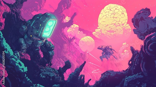 Sci-Fi Landscape with Mechs and Planets in a Dreamlike Aesthetic