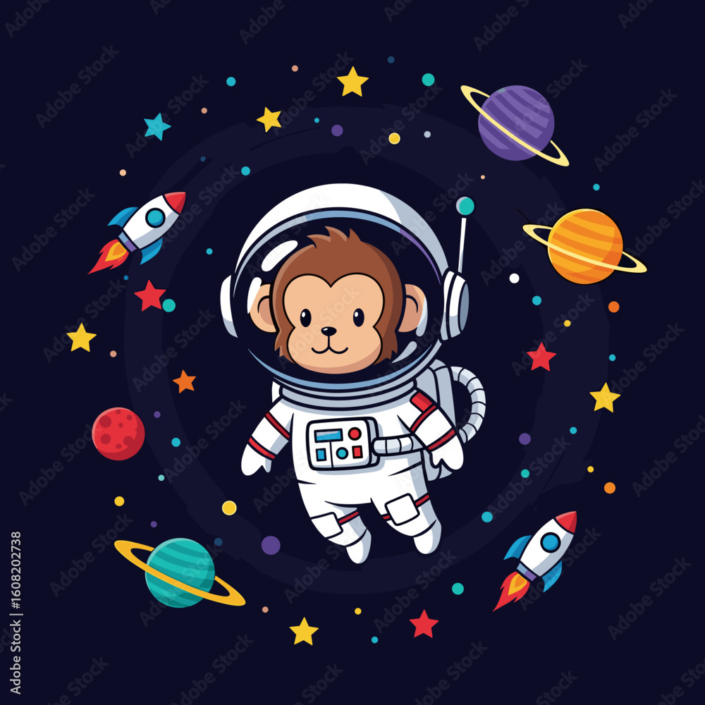 Cute monkey astronaut in space, perfect for children's books, websites, or apparel. Cute monkey astronaut in space, perfect for children's books, websites, or apparel.