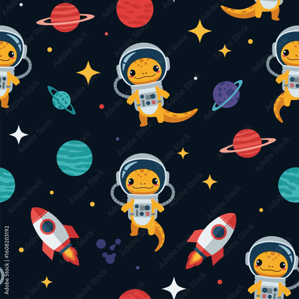 Cute lizard astronauts in space: seamless pattern for kids' textile, wallpaper, or wrapping paper. Cute lizard astronauts in space: seamless pattern for kids' textile, wallpaper, or wrapping paper.