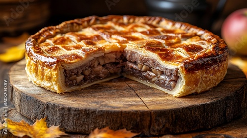 Delicious homemade apple pie with lattice crust on a wooden board