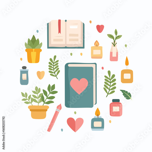 Illustration of cozy elements: books, plants, candles, hearts, and perfume bottles arranged in a circular composition.