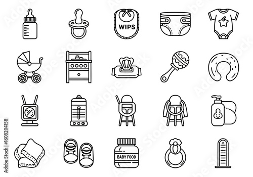 Collection of baby-related icons: bottle, pacifier, bib, diaper, onesie, stroller, changing table, wipes, rattle, pillow, monitor, warmer, highchair, lotion,...