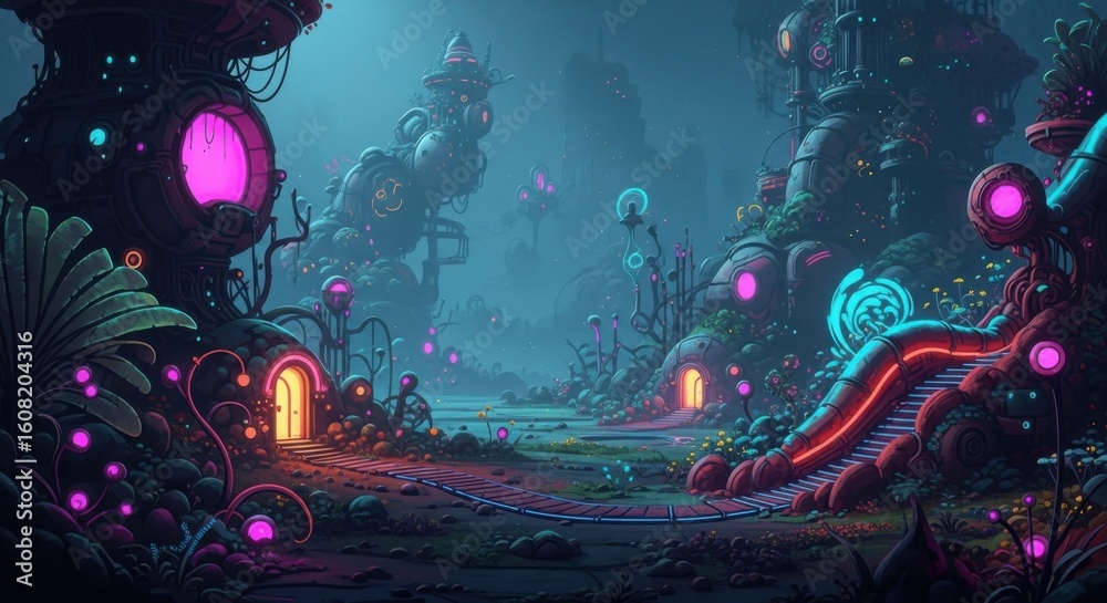 Obraz premium Enchanting Bioluminescent Forest Village with Glowing Structures