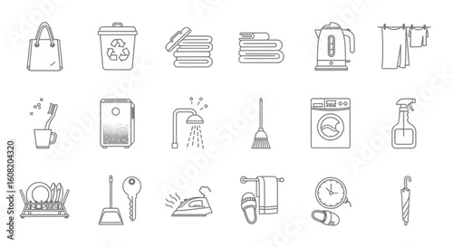 A collection of minimalist line icons depicting household chores, cleaning supplies, and laundry items.