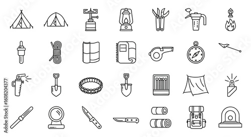 Essential camping and hiking equipment icons: tents, cooking gear, navigation tools, and survival supplies.