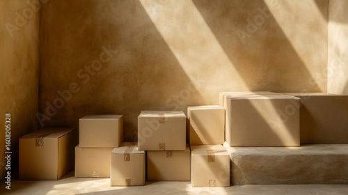 Brown cardboard boxes in a room with natural light streaming through a window reflecting the moving process, home delivery