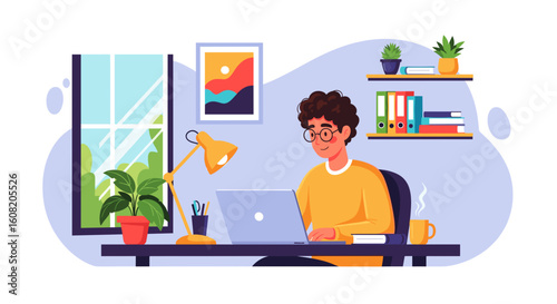 Young man working from home on laptop, perfect for remote work, freelance, or work-life balance blog posts.