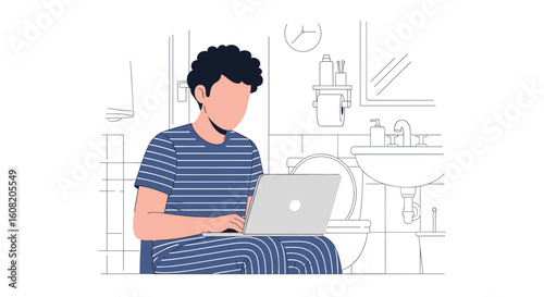 Person working on laptop in bathroom - Illustration for blog, website or social media.