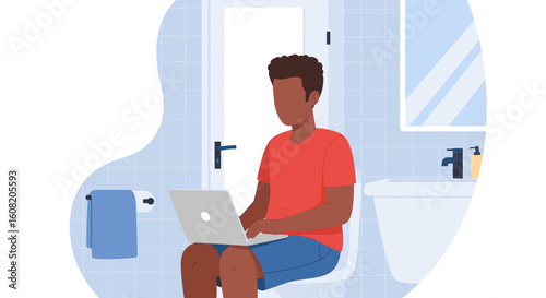 Man working on laptop in bathroom -  illustration for articles about remote work or modern life.