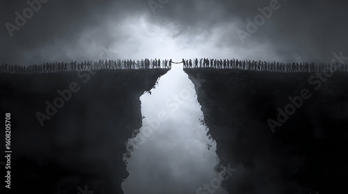 Two groups of people connect across a chasm by holding hands, a concept for partnership, bridging the gap, and successful agreements.

