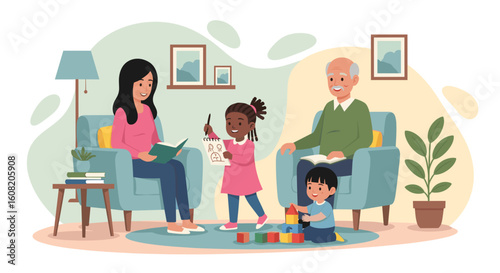 Happy multigenerational family spending quality time together at home. Perfect for family, home, and togetherness concepts.