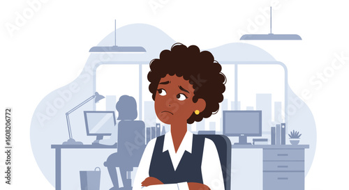 Illustration of a stressed businesswoman in an office setting, perfect for articles or presentations on workplace stress and mental health.