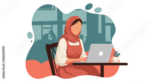 Woman in hijab working on laptop in cafe, perfect for websites or brochures about remote work, entrepreneurship, or modern lifestyle.