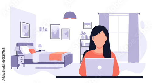 Woman working from home on laptop in bedroom, perfect for remote work blogs and websites.