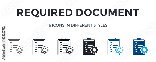 Required Document Icon In Different Style Vector Illustration. Designed In Thin Line, Regular Line, Bold Line, Glyph, Color Line, And Color Glyph Style Can Be Used For Web