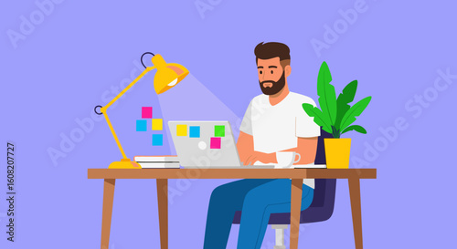 Man working on laptop at desk, perfect for website banners or blog posts about remote work, productivity, or freelancing.
