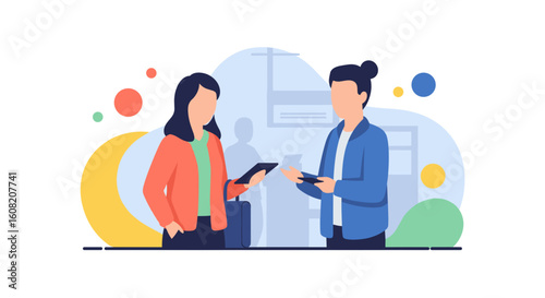 Two colleagues exchanging information using tablets and smartphones. Ideal for websites, presentations, and business reports.