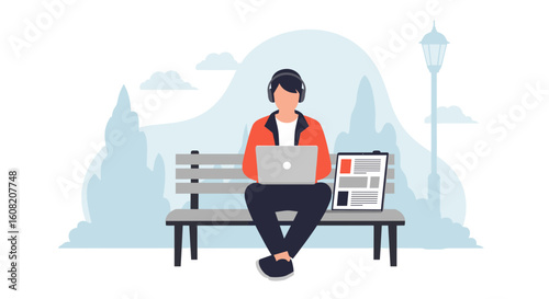 Person working on laptop in park, ideal for website banners or blog posts about remote work or freelancing.