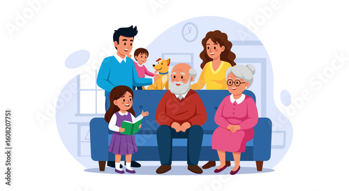 Happy multigenerational family with dog, perfect for family,  insurance, or generational wealth brochures.