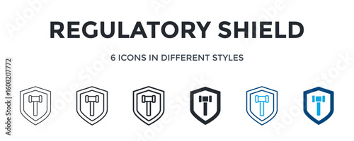 Regulatory Shield Icon In Different Style Vector Illustration. Designed In Thin Line, Regular Line, Bold Line, Glyph, Color Line, And Color Glyph Style Can Be Used For Web