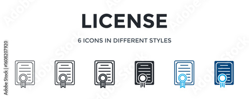 License Icon In Different Style Vector Illustration. Designed In Thin Line, Regular Line, Bold Line, Glyph, Color Line, And Color Glyph Style Can Be Used For Web