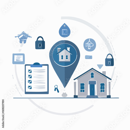 A conceptual illustration of real estate services featuring a house, location pin, checklist, and security icons.