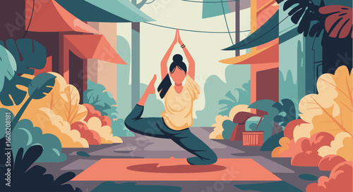 Woman practicing yoga outdoors in a vibrant urban setting. Ideal for wellness websites, blogs, or brochures.