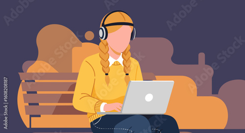 Young woman with headphones using laptop outdoors, perfect for website banners or blog posts about remote work.