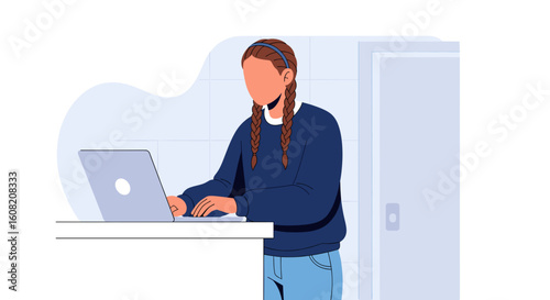 Young woman working on laptop, perfect for website banners or blog posts about remote work, technology, or education.