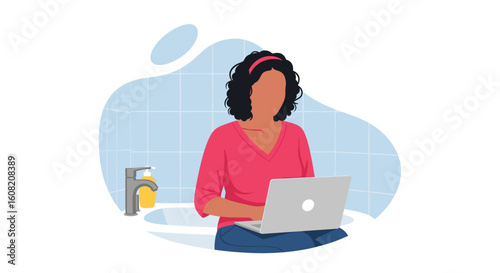 Woman working on laptop in bathroom, perfect for articles on work-life balance or remote work.