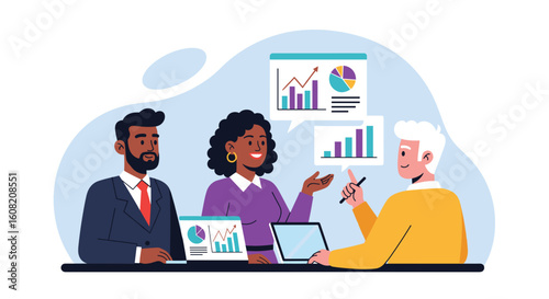 Diverse business team reviewing data and charts during a meeting. Ideal for presentations, reports, and websites.