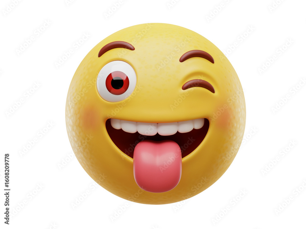 Fototapeta premium Funny and crazy yellow emoji face with one eye crossed and tongue sticking out isolated on transparent background
