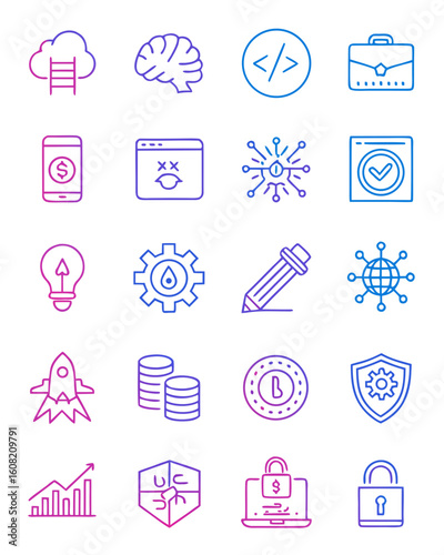 "AI & Tech Startup Line Icons – Futuristic Gradient Vector Set for SaaS, Cloud, and Automation UI"