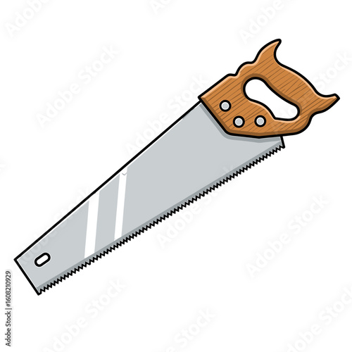 Illustration of a hand saw with a wooden handle and a silver blade, isolated against a white background.