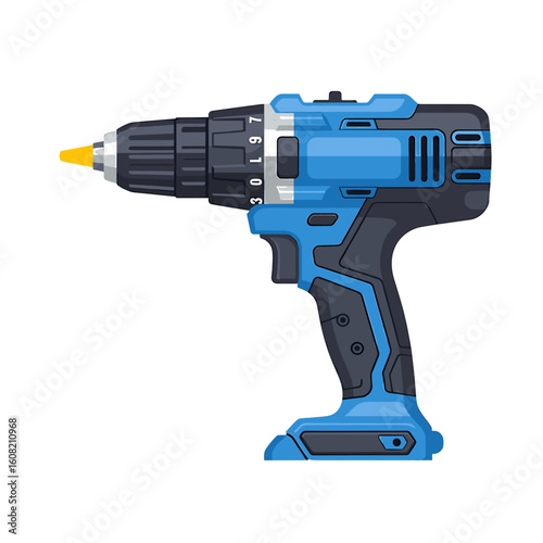 A detailed, isolated illustration of a cordless power drill, ready for use.