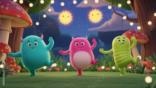 Three cartoon monsters, light-colored, dancing in a grassy field at night under glowing lights